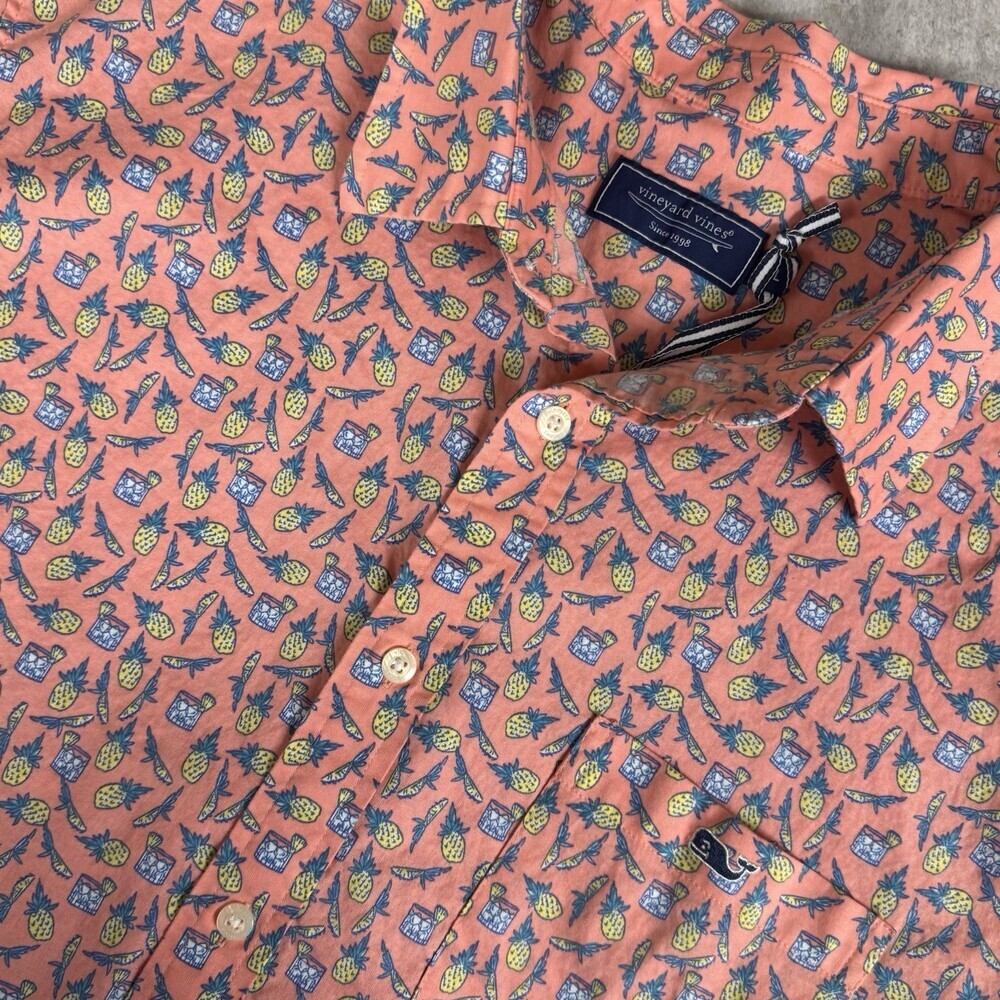 Vineyard Vines Pineapple Cape Cocktails Shirt S/S Coral Pink Yellow Travel Large